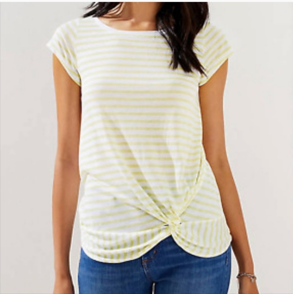 LOFT Short Sleeve Stripped Yellow White Top Size M